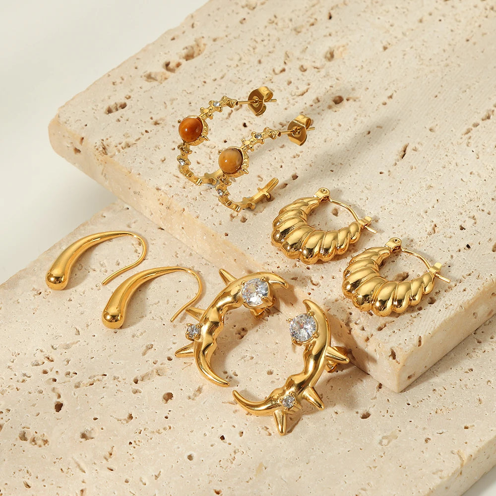 Women's Unique 18K Gold & Titanium Steel CC Hoop Earrings Fashion Jewelry with Natural Stones Made of Stainless Steel