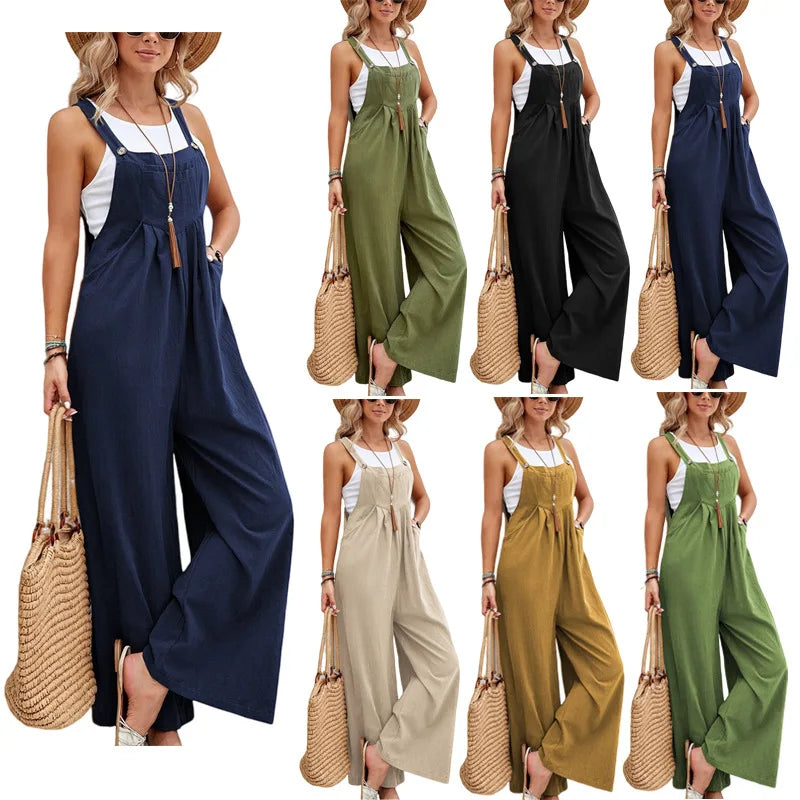 Vintage Cotton Linen Jumpsuit Women 2023 Casual Solid Button Wide Leg Suspender Pants With Pockets Summer Loose Overalls Rompers