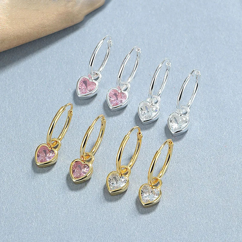 Hot Sale S925 Sterling Silver Pink Zircon Heart Pendant Round Huggie Earring for Women Wholesale