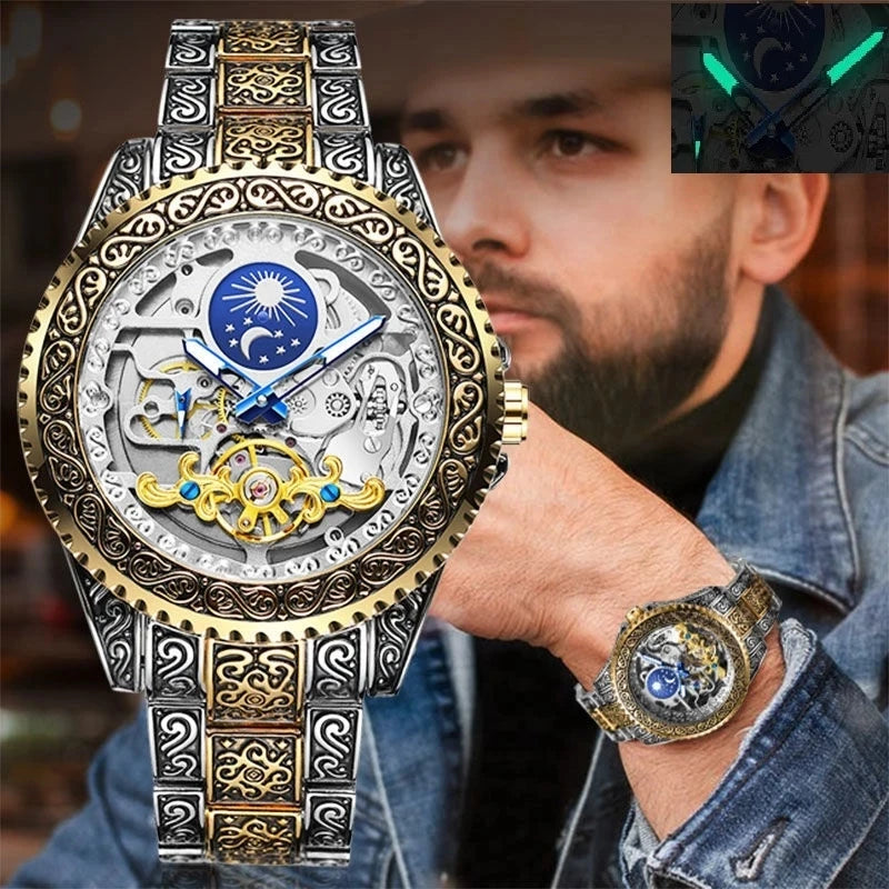 Forsining Men Watch Vintage Engraved Skeleton Tourbillon Mechanical Men's Watches Luxury Moon Phase Clock Male Dropshipping