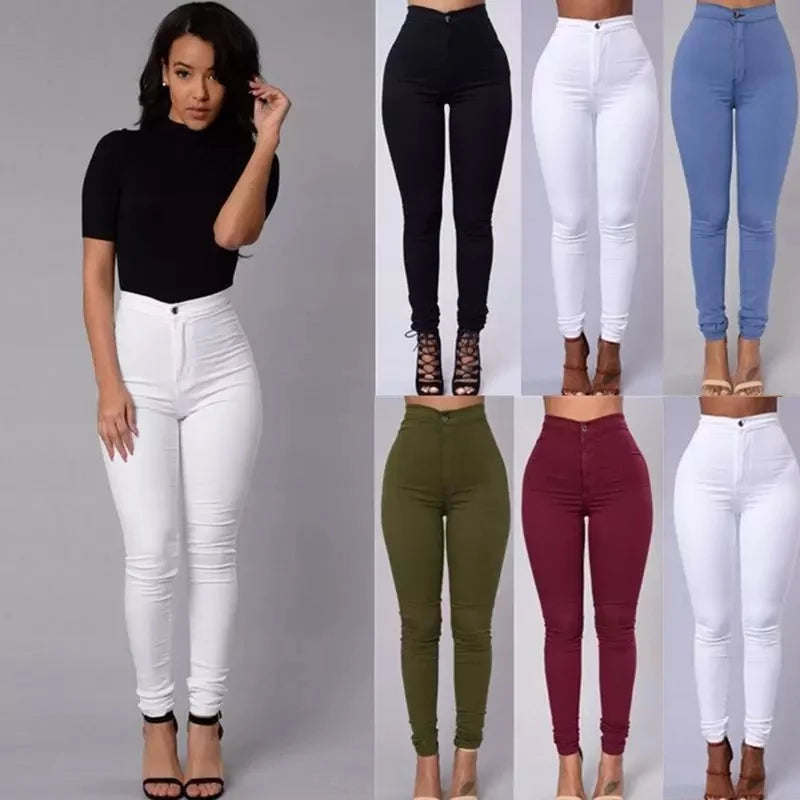 Women's Stretch Solid Color High Waist Pants Candy Tone Casual Pencil Trousers OEM Wholesale Button Decoration Knitted Weaving