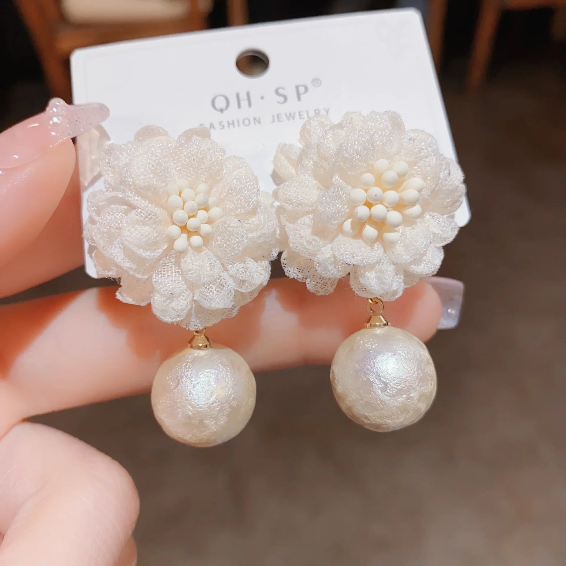 Elegant 925 Silver Needle Pearl Dangle Earrings Large White Fabric Flower Earrings for Women