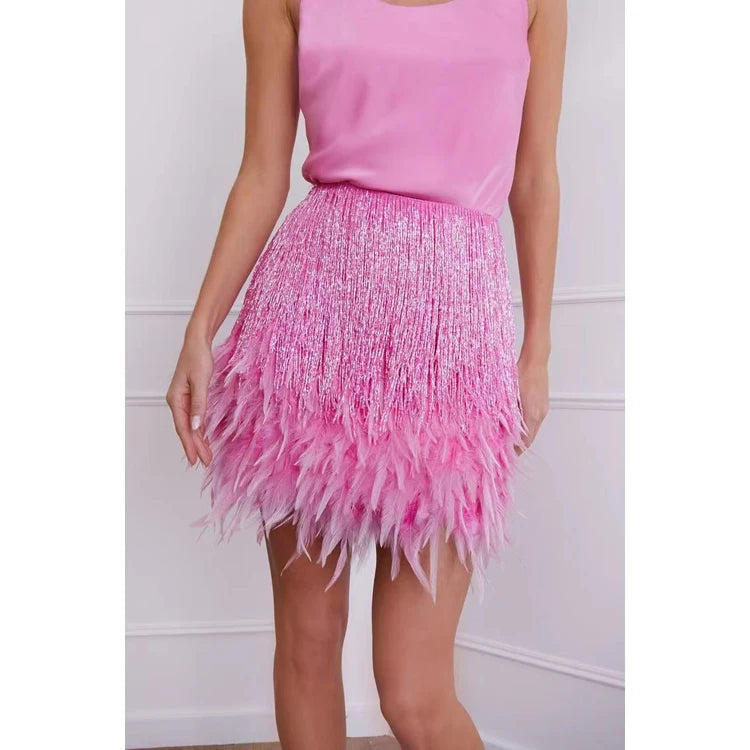 New Solid Color Vest Short Skirt Two Piece Suit Gorgeous Tassel Feather Satin Dresses Suit