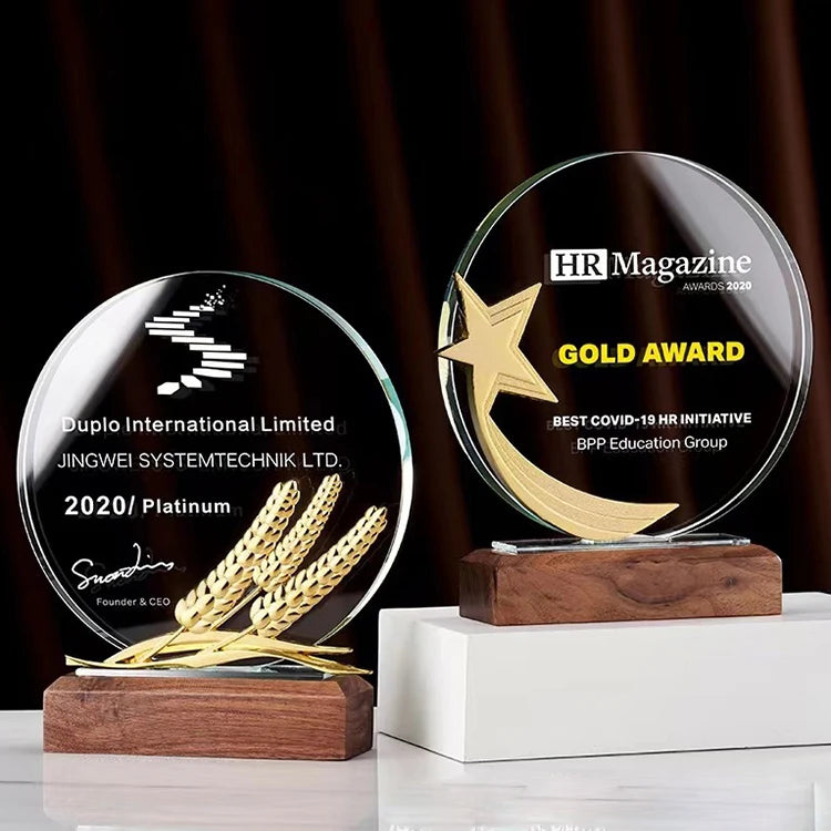 Personalized Wholesale Ear of Wheat Glass Award With Wooden Base Stock Crystal Blank Gold Metal Star Trophy MH-NJ00707