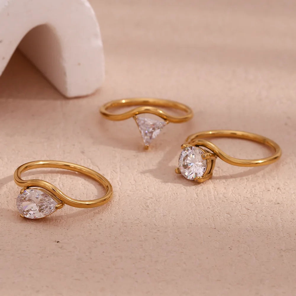 White Cubic Zircon Jewelry Ring  Minimalist Style Waterproof Ripple Shape Ring Stainless Steel Fashion Jewelry Ring for Women