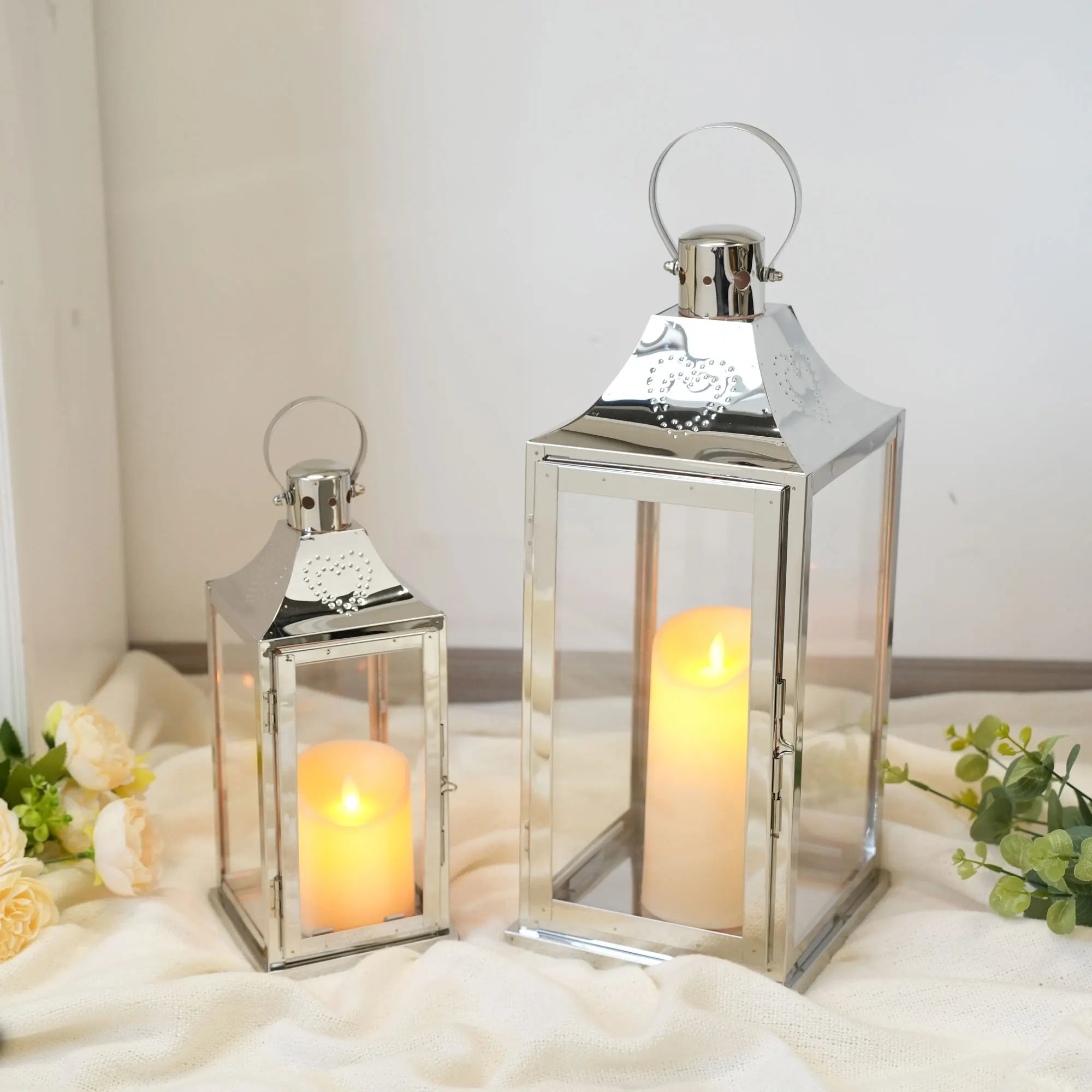 EU Stock Wedding Silver Lantern Set Square Stainless Steel Lantern Best Indoor Outdoor Decoration Without Candles