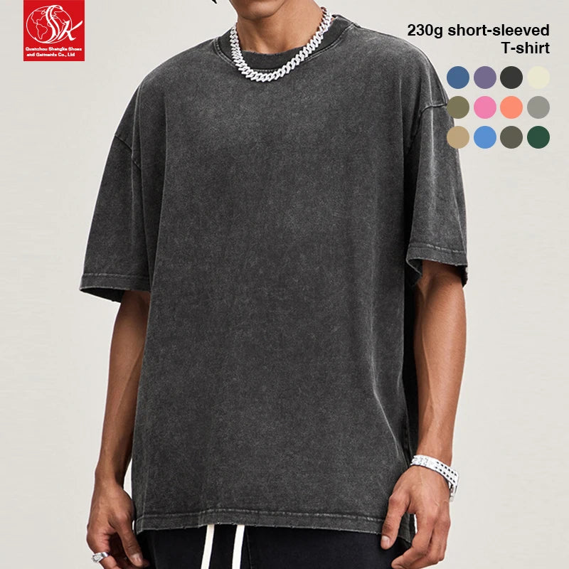 SK 250g European and American Washed Retro Old Fried Snowflake Trendy Brand Short-sleeved T-shirt Unisex