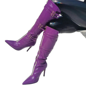 Party Club Long Boots Purple Patent Leather Stiletto High Heel Winter Knee Boots for Women