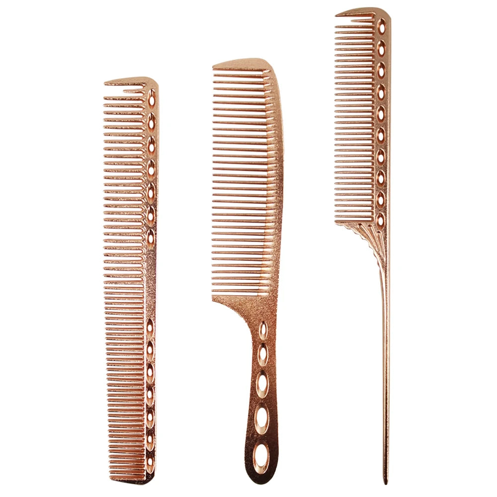Custom Mini Rose Gold Luxury Electroplate Plated Aluminum Metal Cutting Honey Wide Tooth Wedding Titanium Hair Comb Set