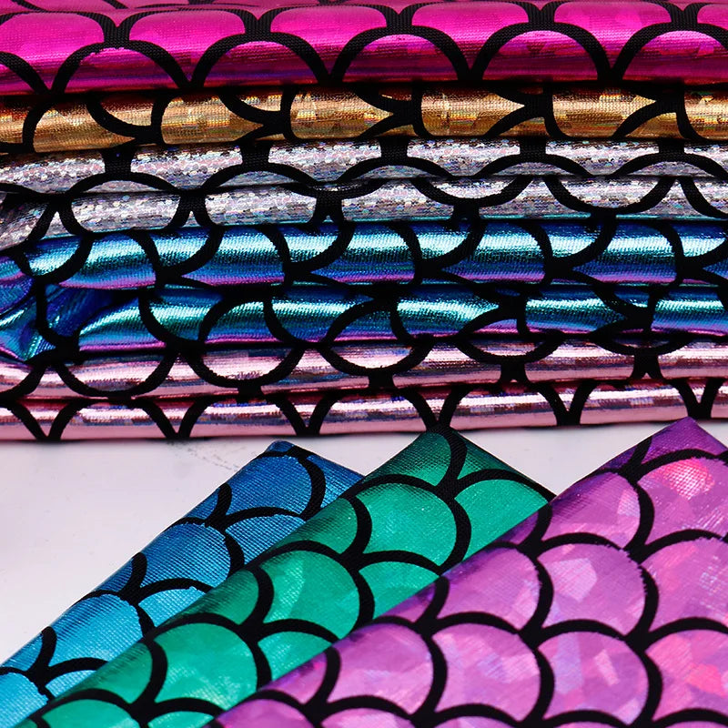 Sparkly Hologram Iridescent Mermaid Scales Fish Tail Material Stretch Spandex Foil Print Fabric