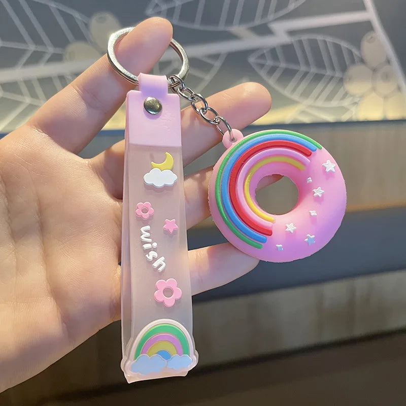 Cartoon Donut Keychain Cute PVC Food Shape Keychain Women Gift Bag Phone Doll Pendant Rainbow Wristband Car Keyring