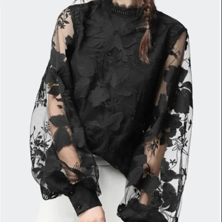 Wholesale 2025 Summer New Lace Bubble Sleeve Transparent Round Neck Solid Color Top Shirt Fashion Simple Women Shirt