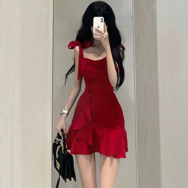 Senior Sense Red Halter Dress Female Summer New Design High Temperament Waist Slimming Skirt