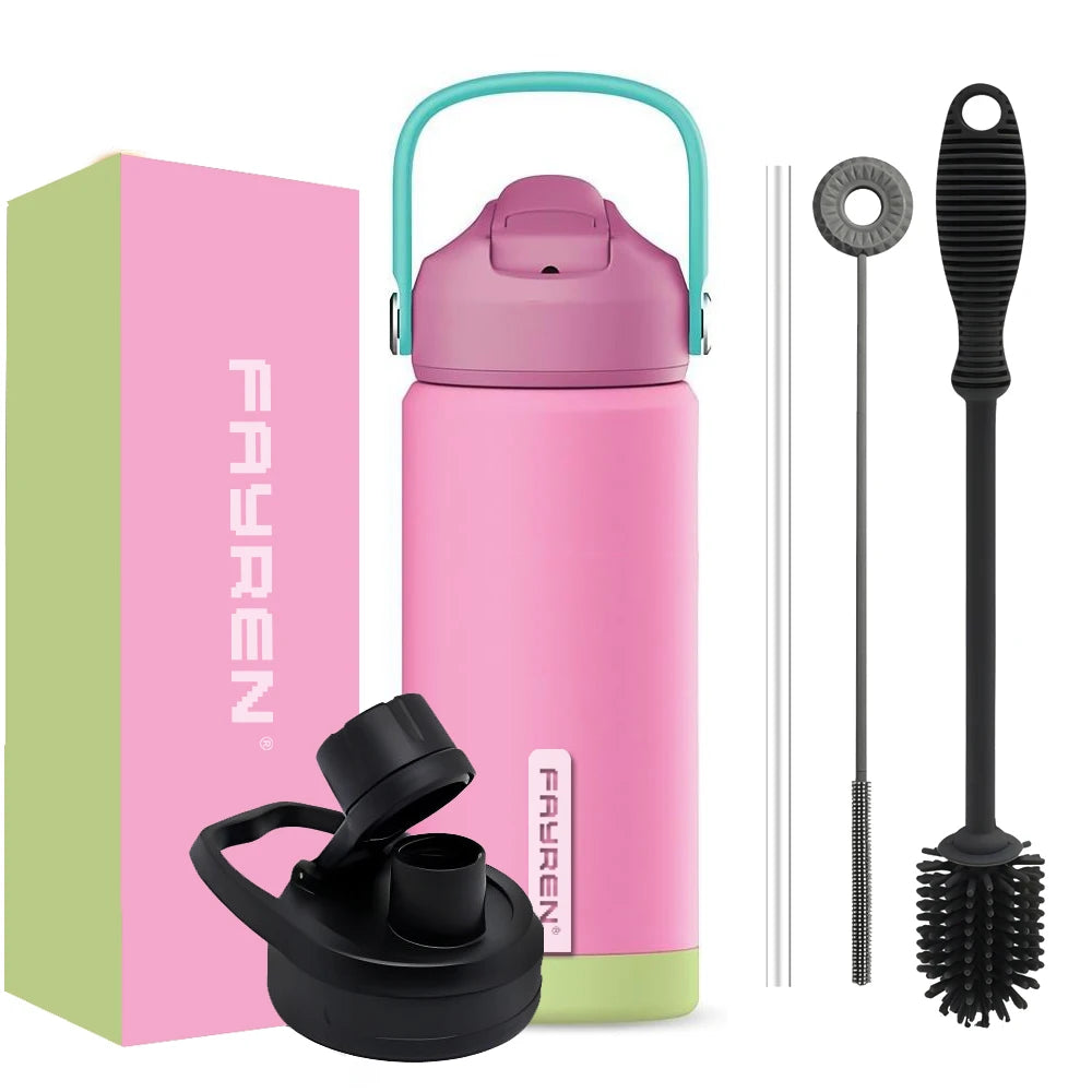 Keep Hot and Cold Leak Proof Stainless Steel Vacuum Thermos Insulated Kids Water Bottle with Straw and Handle for School