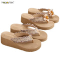 Hot Sale Spring Summer Breathable Comfortable Women Bohemia Floral Slope Heel High Heel Outdoor Waterproof Flip Flops Beach