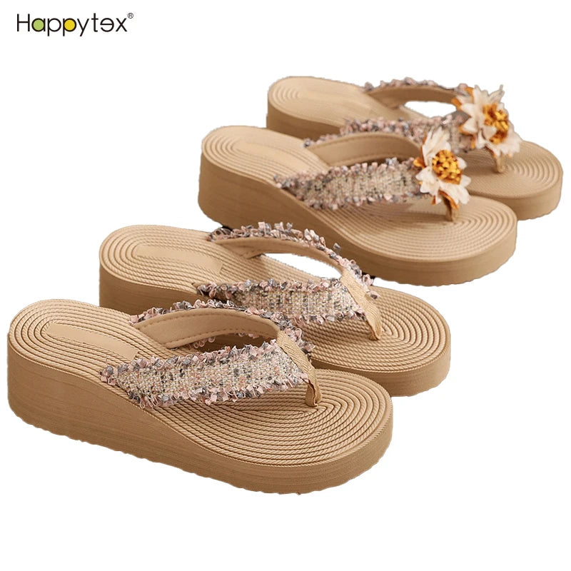 Hot Sale Spring Summer Breathable Comfortable Women Bohemia Floral Slope Heel High Heel Outdoor Waterproof Flip Flops Beach