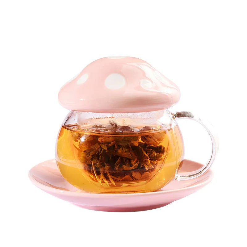 Heat Resistant Glass Flower Tea Cup with Infuser Ceramic Mushroom Lid Afternoon Tea Cups with Tray