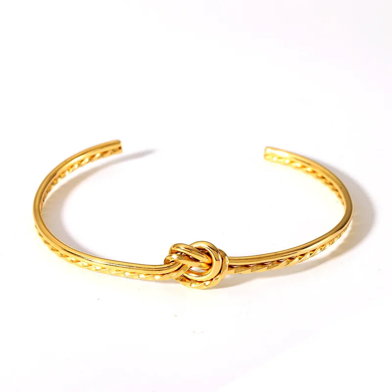 Minimalist Waterproof Gold Plated Stainless Steel Bangles Vintage Knot Open Adjustable Bracelet for Women Pulseras Y Brazaletes