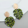 Vintage Korean Fashion Drop Earrings for Women Casual Acrylic Palm Leaf Hollow Design Alloy Accessories Sequins Marble Finish