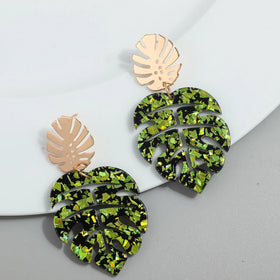 Vintage Korean Fashion Drop Earrings for Women Casual Acrylic Palm Leaf Hollow Design Alloy Accessories Sequins Marble Finish