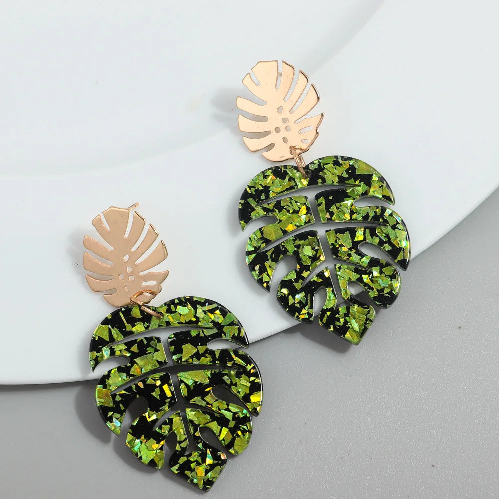 Vintage Korean Fashion Drop Earrings for Women Casual Acrylic Palm Leaf Hollow Design Alloy Accessories Sequins Marble Finish
