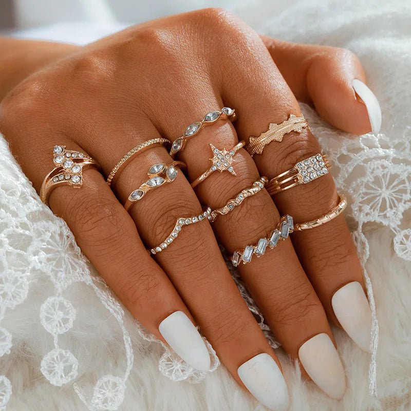 2021 Retro Fashion Bohemian 11PCS/Set Star Hollow Link Flower Waterdrop Ring Knuckle Rings Set for Women Jewelry