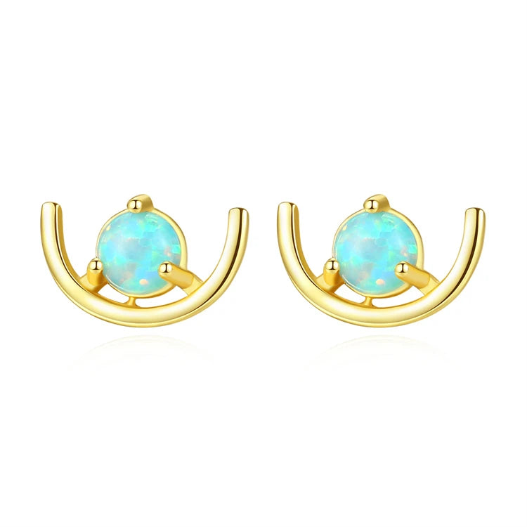 Fine Jewelry New Fashion 925 Sterling Silver Arc Shape Natural Round Opal Stud Earrings for Women Girls Wholesale