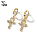 TOP ICY Iced Out Ankh Snake Cross Earrings Luxury Hip Hip Bling CZ Drop Cross Hoop Mens Earrings with Gold Plated