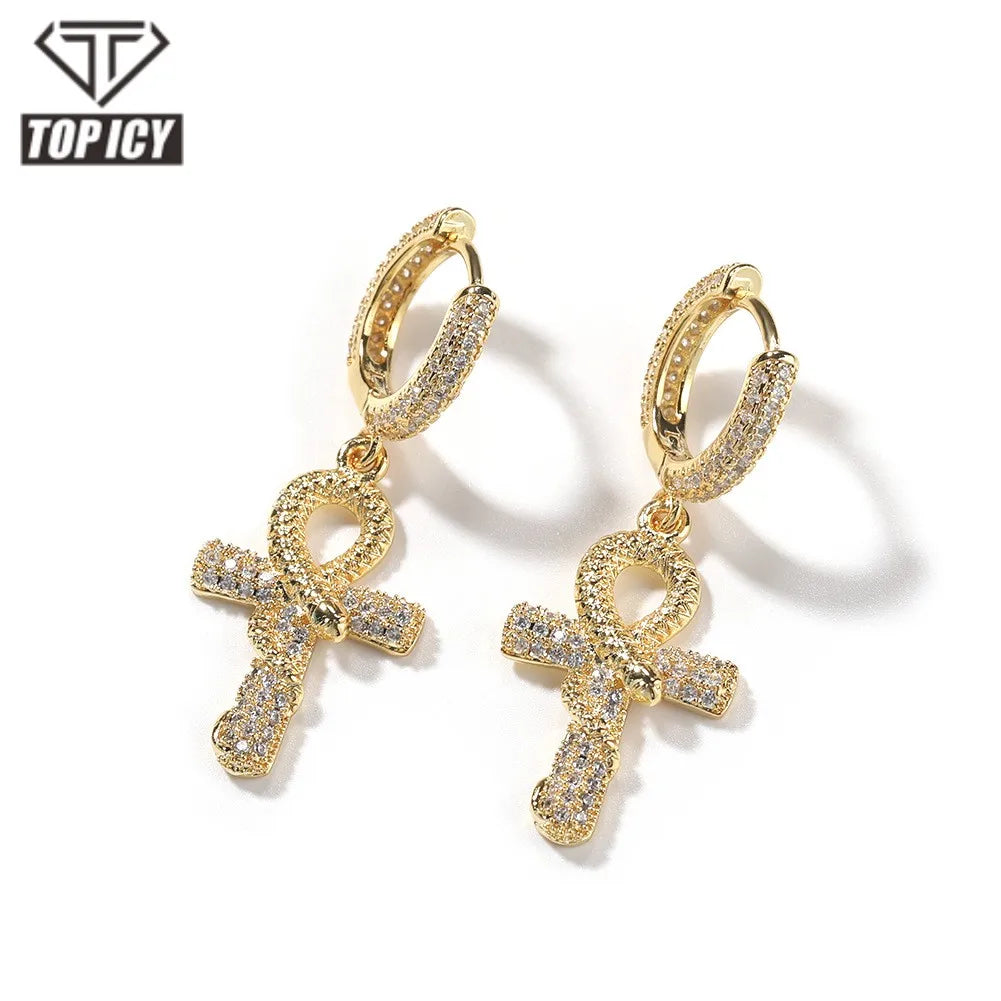 TOP ICY Iced Out Ankh Snake Cross Earrings Luxury Hip Hip Bling CZ Drop Cross Hoop Mens Earrings with Gold Plated