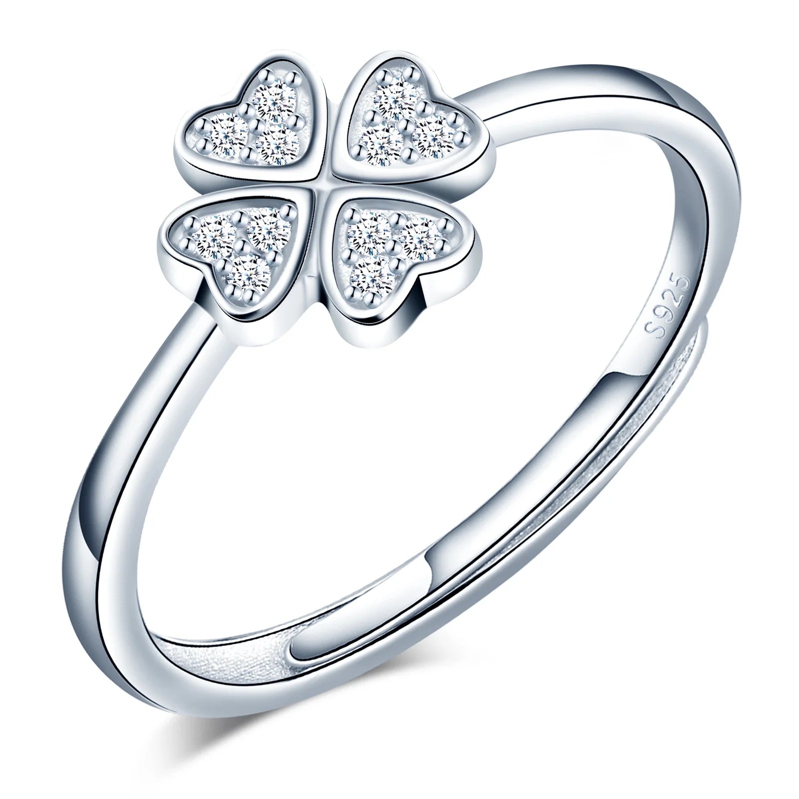Fashion Jewelry 925 Sterling Silver Lucky Clover Heart Ring Adjustable Opening Bijoux Pour Femme