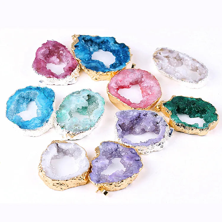 Natural Agate Pendant for Jewelry Making Charms Irregular Plated Edge Geode Crystal Pendant