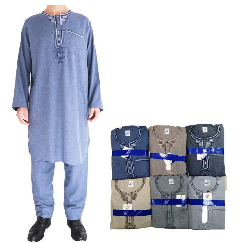 Moroccan New Design Arabic Qatar Mans Stylish Abaya Muslim Islamic Jubba Kurta Suit Shalwar Kameez Thobe Set for Men