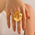 New 18k Gold Plated Stainless Steel Big Exaggerated Pearl Flower Open Adjustable Ring for Women Jewelry