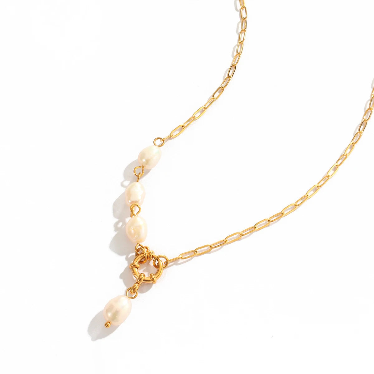 Waterproof 18k Gold Plated Natural Freshwater Pearl Necklace Women Stainless Steel Paperclip Chain Bead Choker Necklace Jewelry
