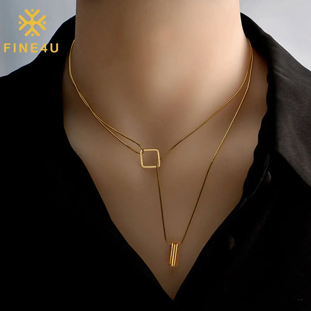 2024 New Design Fashion Jewelry Stainless Steel Geometric Pendant Layered Necklace Snake Chain