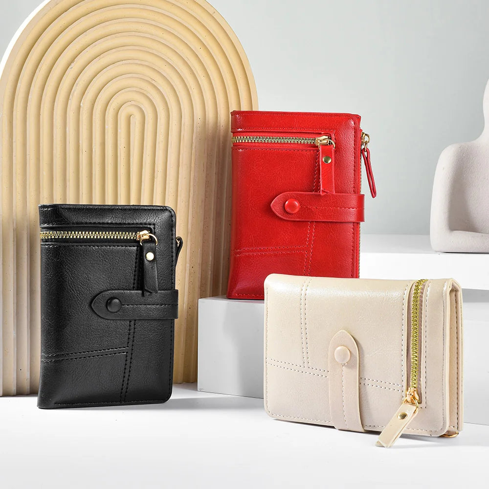 New Fashion Buckle Pu Soft Leather Cardholder Coin Purse Double Zipper Short Style Three Fold Women's Wallet MegaBDM