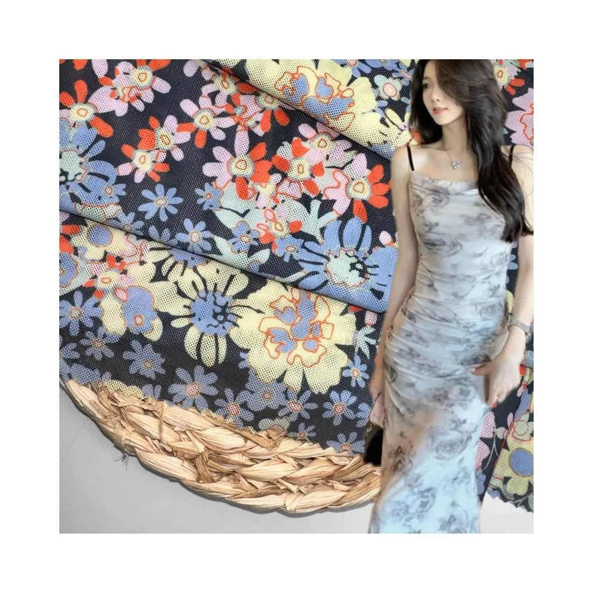 Eco-friendly 150GSM Custom Print Fabric Power Mesh Stretchy Printed Mesh Fabric for  Swimwear Colorful Floral Digital Print