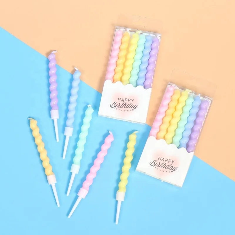 6 Pcs Rainbow Spiral Birthday Candles Macron Color Baking Prop Party Cake Decoration Candle