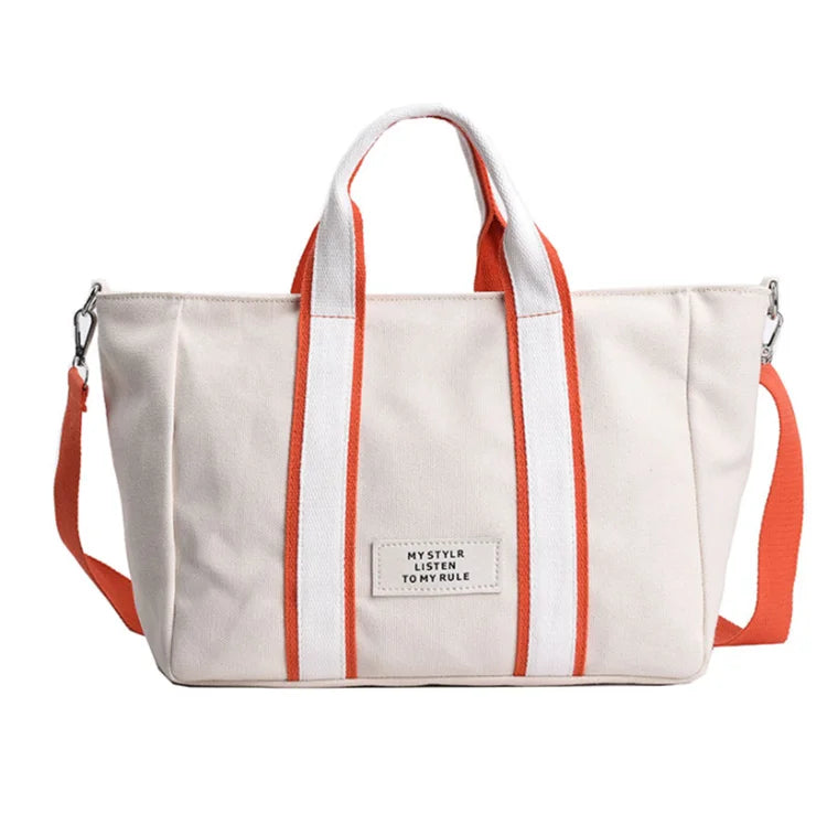 Women's Large Capacity Canvas Tote Bag Square Beach Style Candy Color Strap Zipper Closure Featuring Three Handles