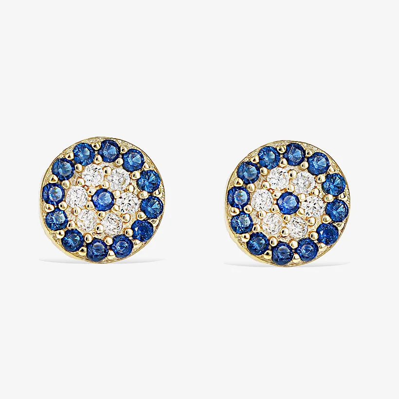 Blue Sapphire CZ Evil Eye Women Jewelry Gold Plated Lucky Charm 925 Sterling Silver Stud Earrings