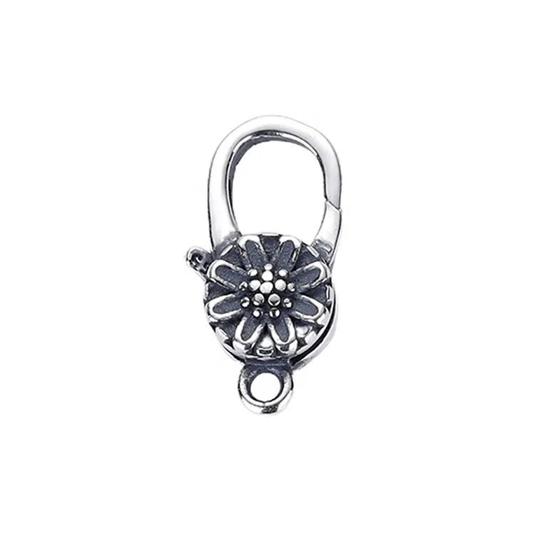 Tibetan Style Oxidized Sterling Silver Large Lobster Clasps Findings Daisy Flower Bracelet Lock for Chunky Chain Jewelry