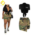 Fengway Summer  Woman Casual Irregular Camouflage Denim Skort + Bandage Crop Top  for Ladies