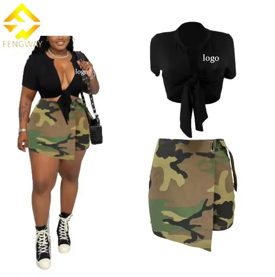 Fengway Summer  Woman Casual Irregular Camouflage Denim Skort + Bandage Crop Top  for Ladies
