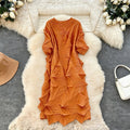 Women's Vintage Summer Casual Floor-Length Dress O-Neck Wrinkle Natural Woven Style Pleats Loose Breathable Sleeves XL-Available