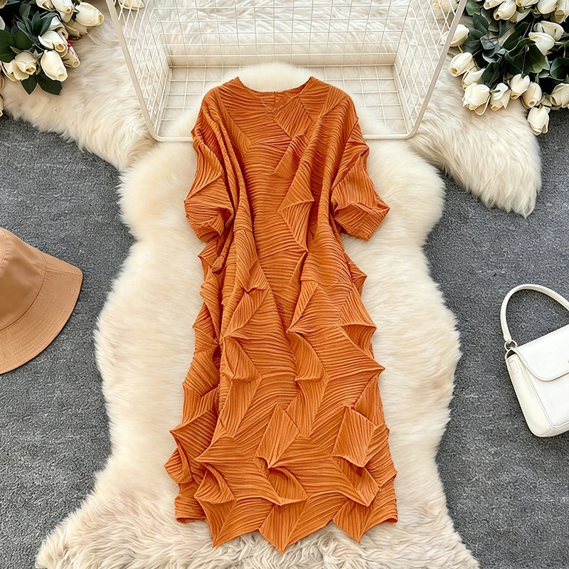 Women's Vintage Summer Casual Floor-Length Dress O-Neck Wrinkle Natural Woven Style Pleats Loose Breathable Sleeves XL-Available