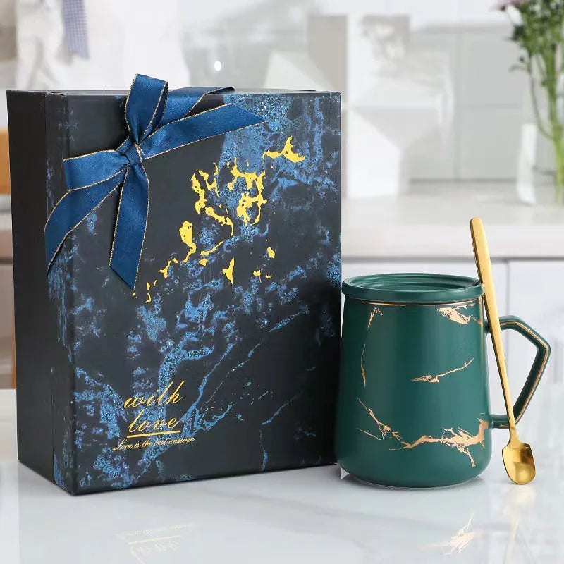 Luxury Gift Wholesale Creative European Custom Logo Coffee Cup Couple Marble Ceramic Mug With Spoon