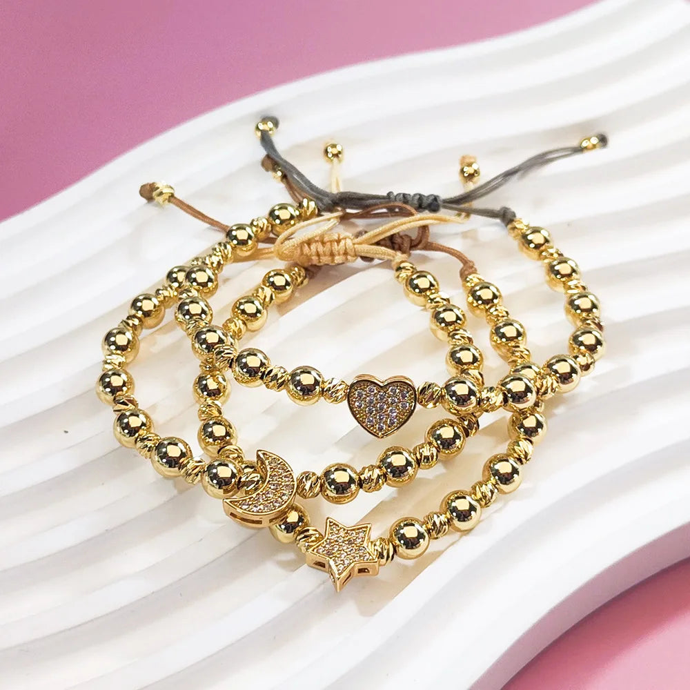 Luxury 18K Copper Gold-plated Beads Star Moon Heart Bracelet Fashion Beaded Bracelet for Women