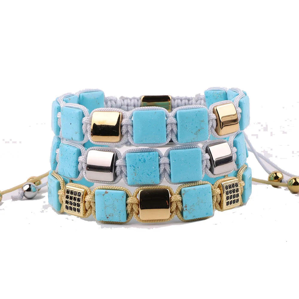 New Design 10mm Natural Stone Waterproof Stainless Steel Square Blue Turquoise Bracelet JBS12785