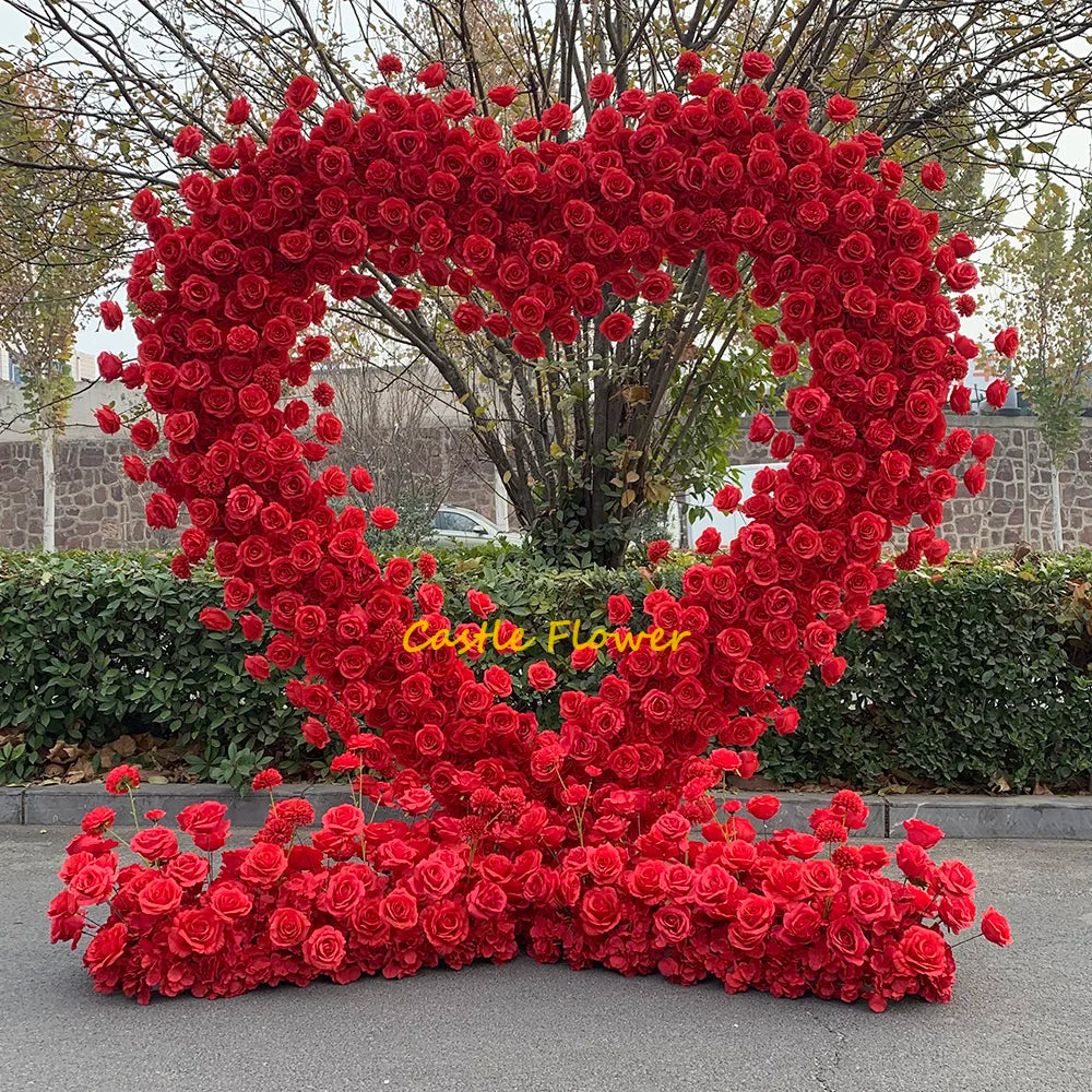 FAH004 Marry Me Heart Shaped Floral Wedding Decor Arch White Red Artificial Silk Rose Heart Flower Arch Backdrop Decoration