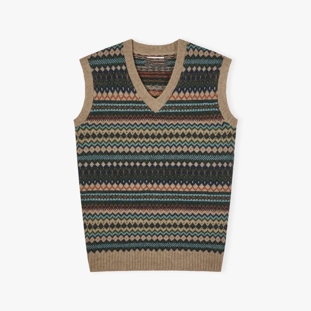 Relax Fit Old Money Style Men Pullover Knitwear V Neck Wool Fair Isle Jacquard Tank Top Men Sleeveless Sweaters